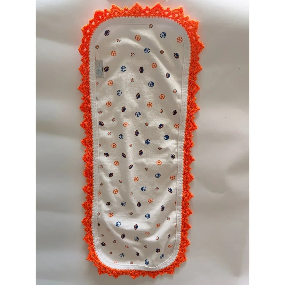 Sports Baby Burp Cloth Handmade Orange Crochet Trim | Contoured Navy & Orange